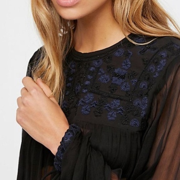 Free People Retro Femme Blouse Embroidered Beaded Black XS Sheer - Picture 5 of 14